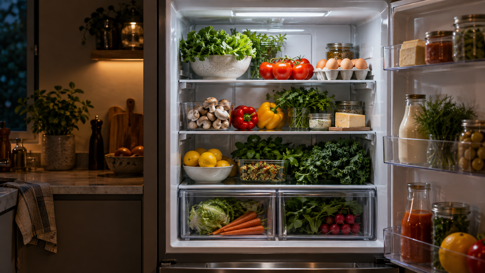 An open refrigerator filled with everyday fresh ingredients